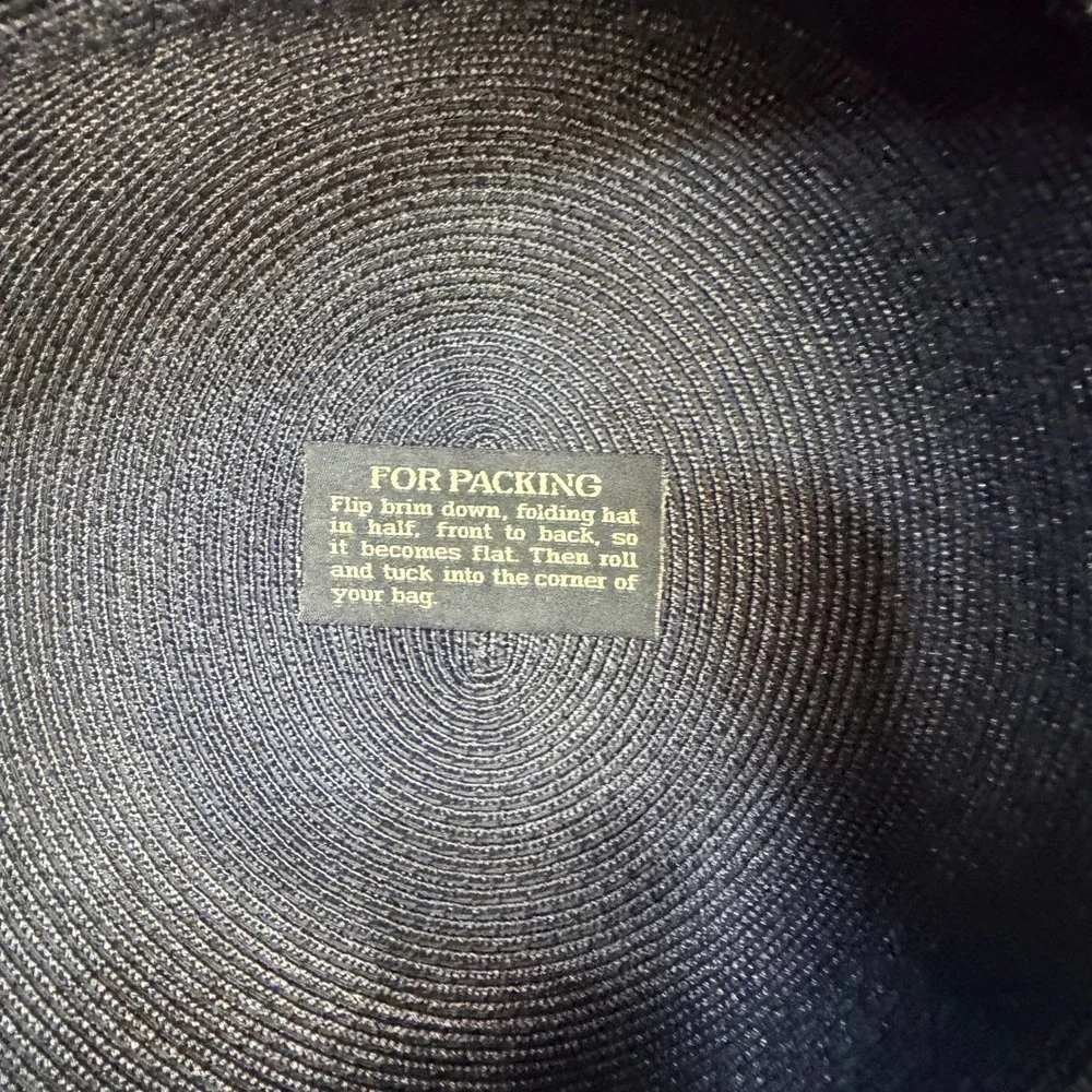 Eric Javits New York Black Woven Packable Sun Hat Wide Brim Navy Bow Accent - Picture 4 of 7
